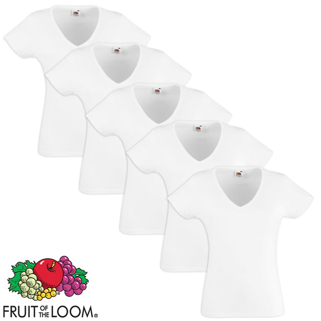 5 Fruit of the Loom Ladies V-Neck Value Weight T-shirt White XS